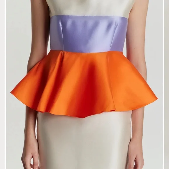 Destree Cream and Orange Peplum Ruffled Midi Cocktail Dress. Style name: Cy - Picture 4 of 6